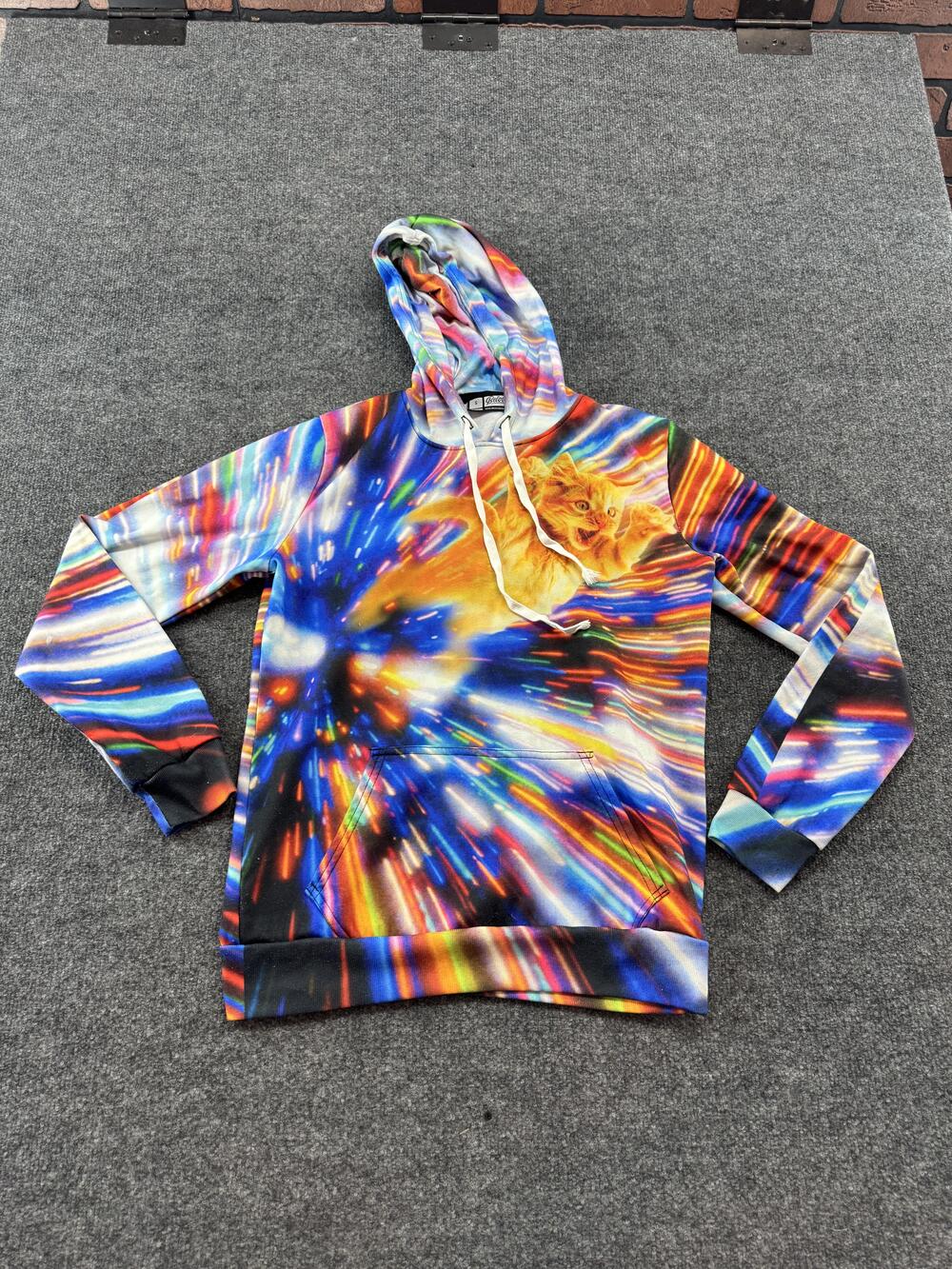 Beloved Hoodie Mens Small Multicolor Space Cat Graphic Pullover Fleece